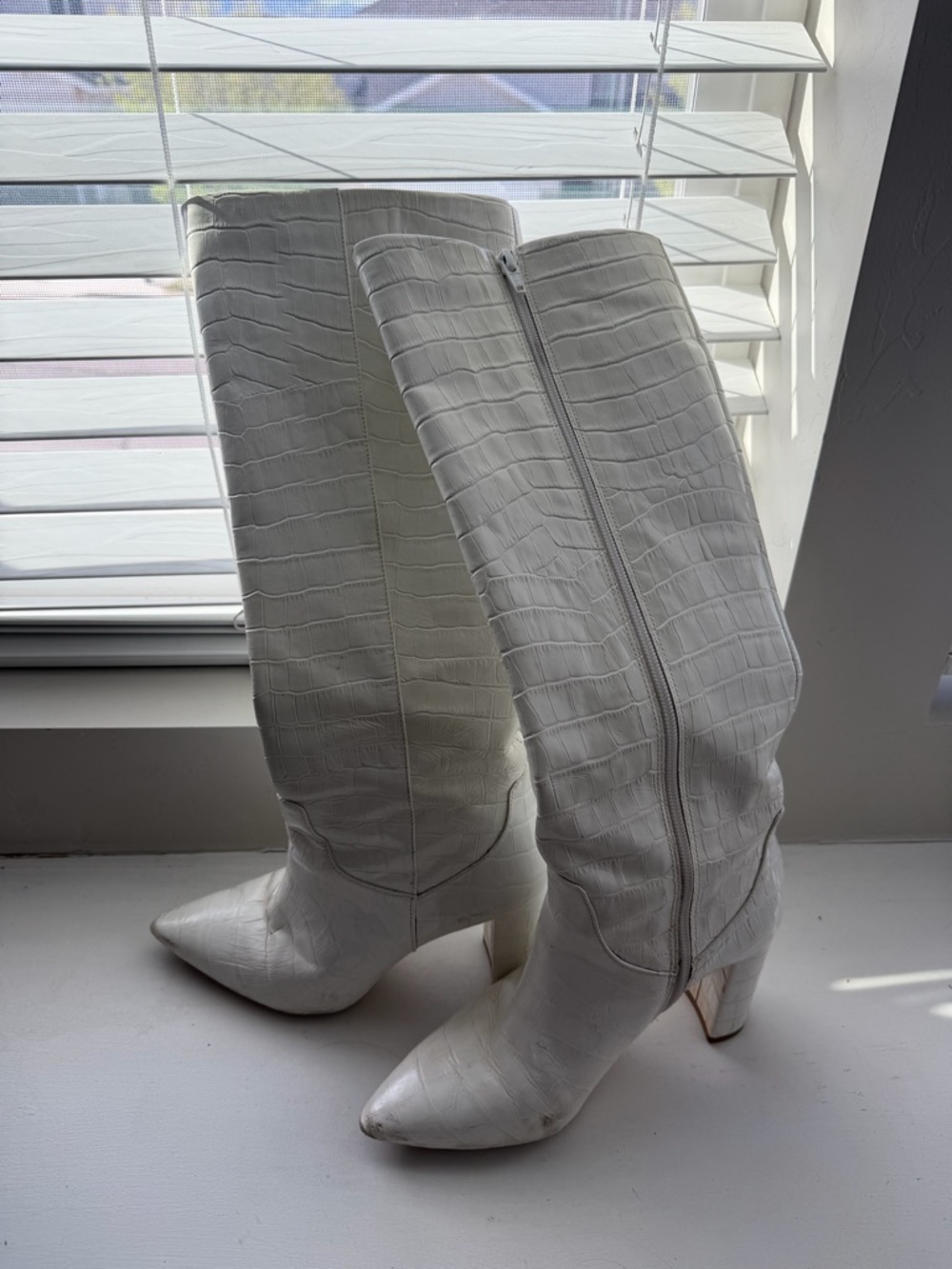 ANTONIO MELANI White Croc-Embossed Knee-High Pointed Toe Boots